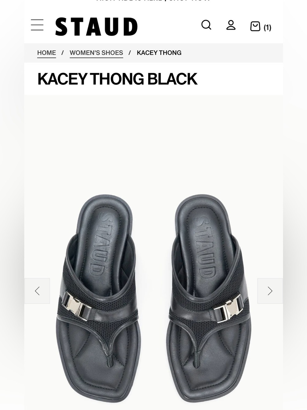 STAUD Black Kacey Thong Sandals with Silver Buckle
